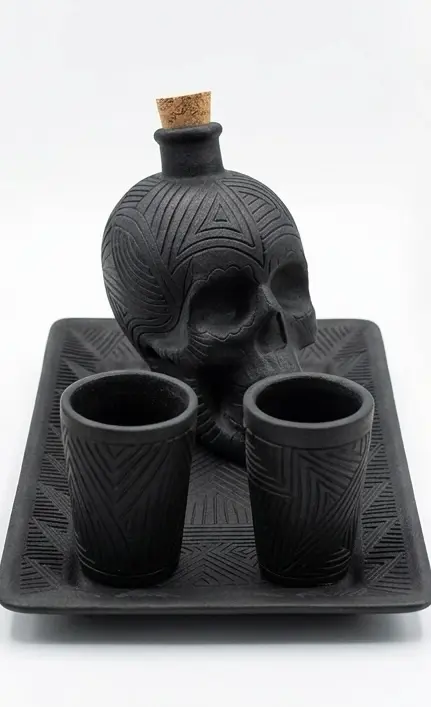 Set licorera negra calavera de cerámica artesanal con tequileros finos, edición única