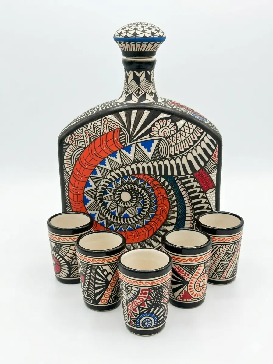 Set de licorera fina de cerámica artesanal con 5 tequileros, hecho a mano en Dolores Hidalgo